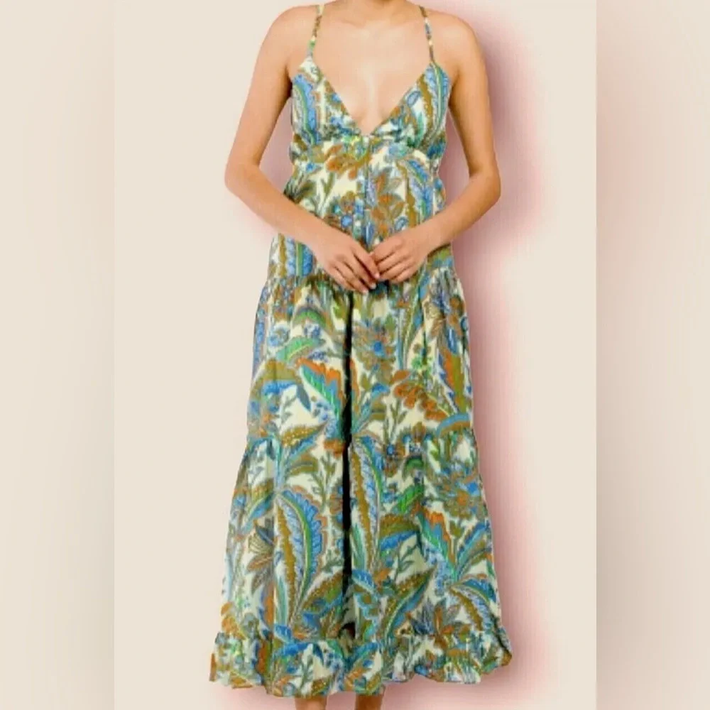 house of harlow tiered maxi dress House of Harlow Drawstring Beads Crochet Trimmed LinenBlend Tiered Maxi Dress XS
